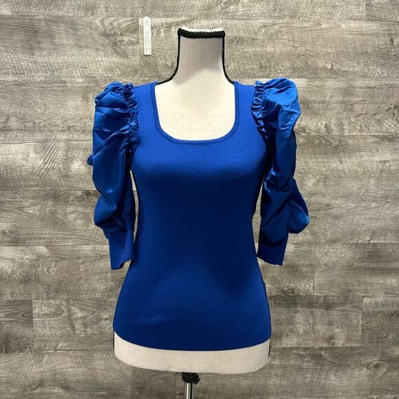 Nanette Lepore NWT Puff Sleeve Top in Royal Blue in a Polyester/ Rayon Blend - Picture 1 of 8